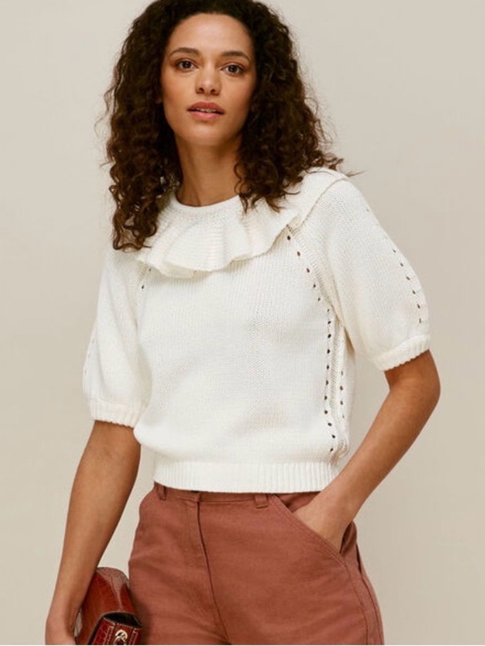 WHISTLES Frill Neck Knit Sweater‎ Cream Cotton 6